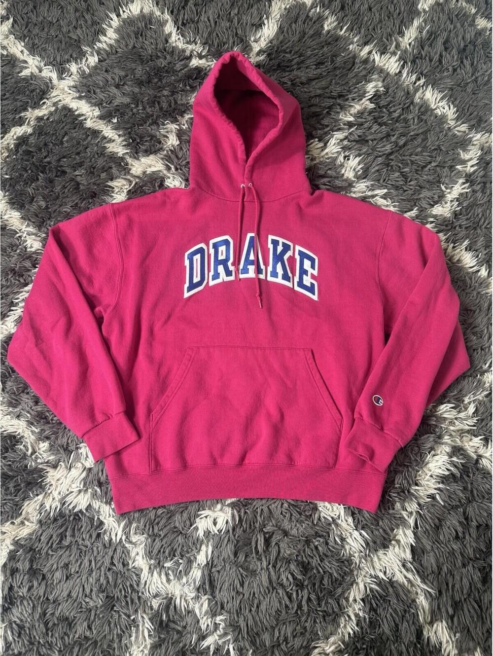 Champion Drake Hoodie Sweatshirt Mens Large Pink Blue Spellout Pullover
